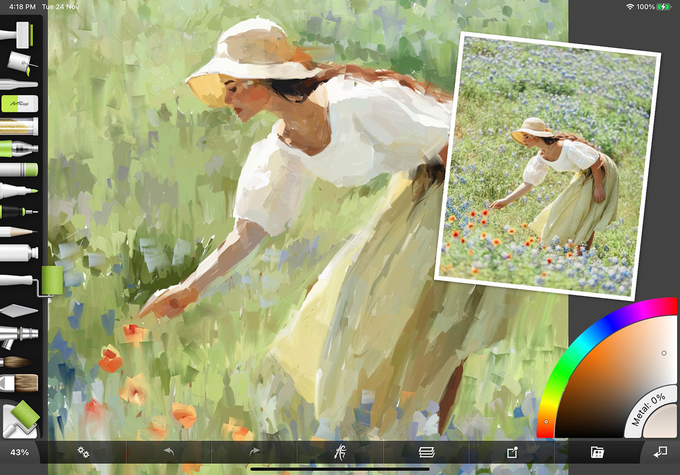 iPad app showing painting of a woman picking flowers in a field